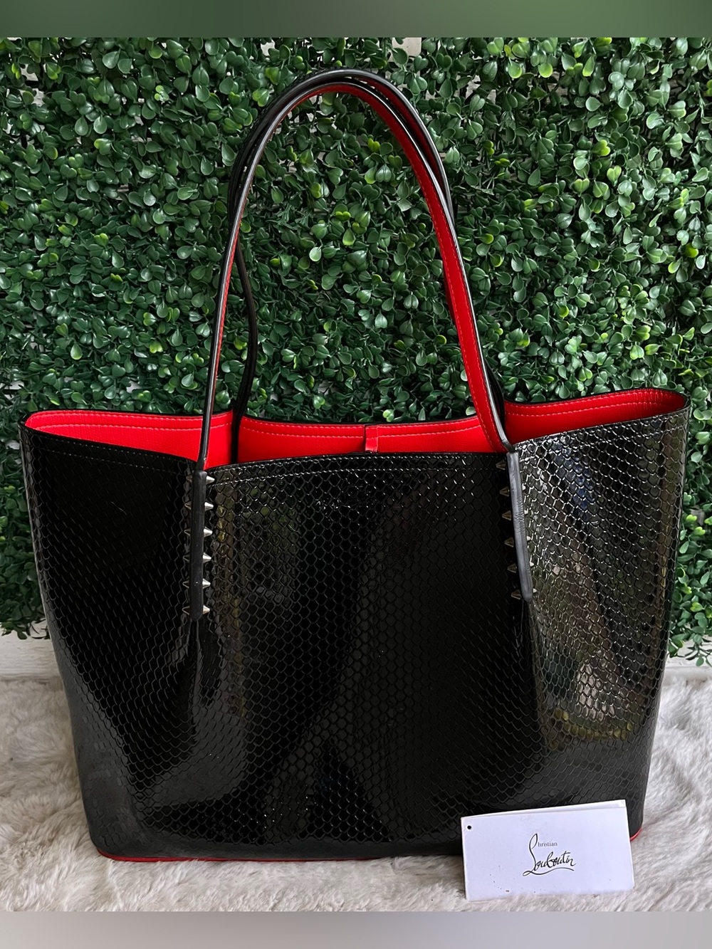 CHRISTIAN LOUBOUTIN Black Large Snake Embossed Cabarock Tote Spiked Shoulder Bag